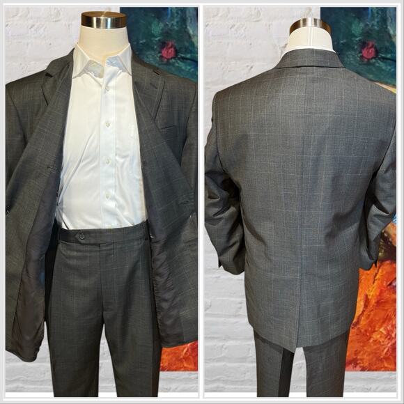 Jos A Bank Mens 44R 36x29 Gray Windowpane Plaid 2 Piece Suit Set - Picture 5 of 16